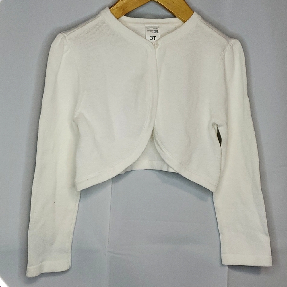Simple Joys by Carter's White 100% Cotton Cropped Long Sleeve Sweater/Bolero -3T